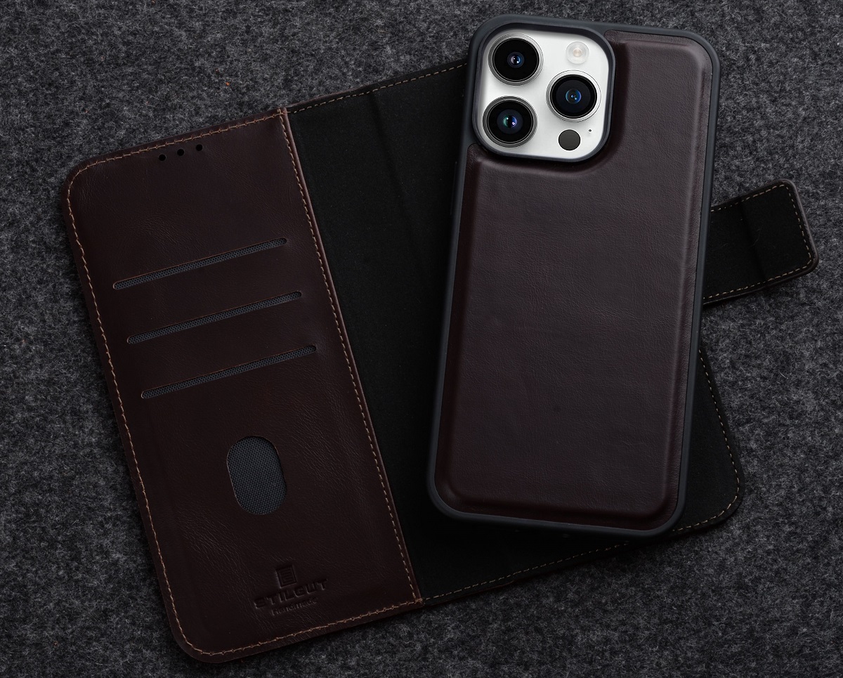 StilGut - iPhone 15 Pro Flip Cover Talis 2-in-1 mit Kartenfach Braun