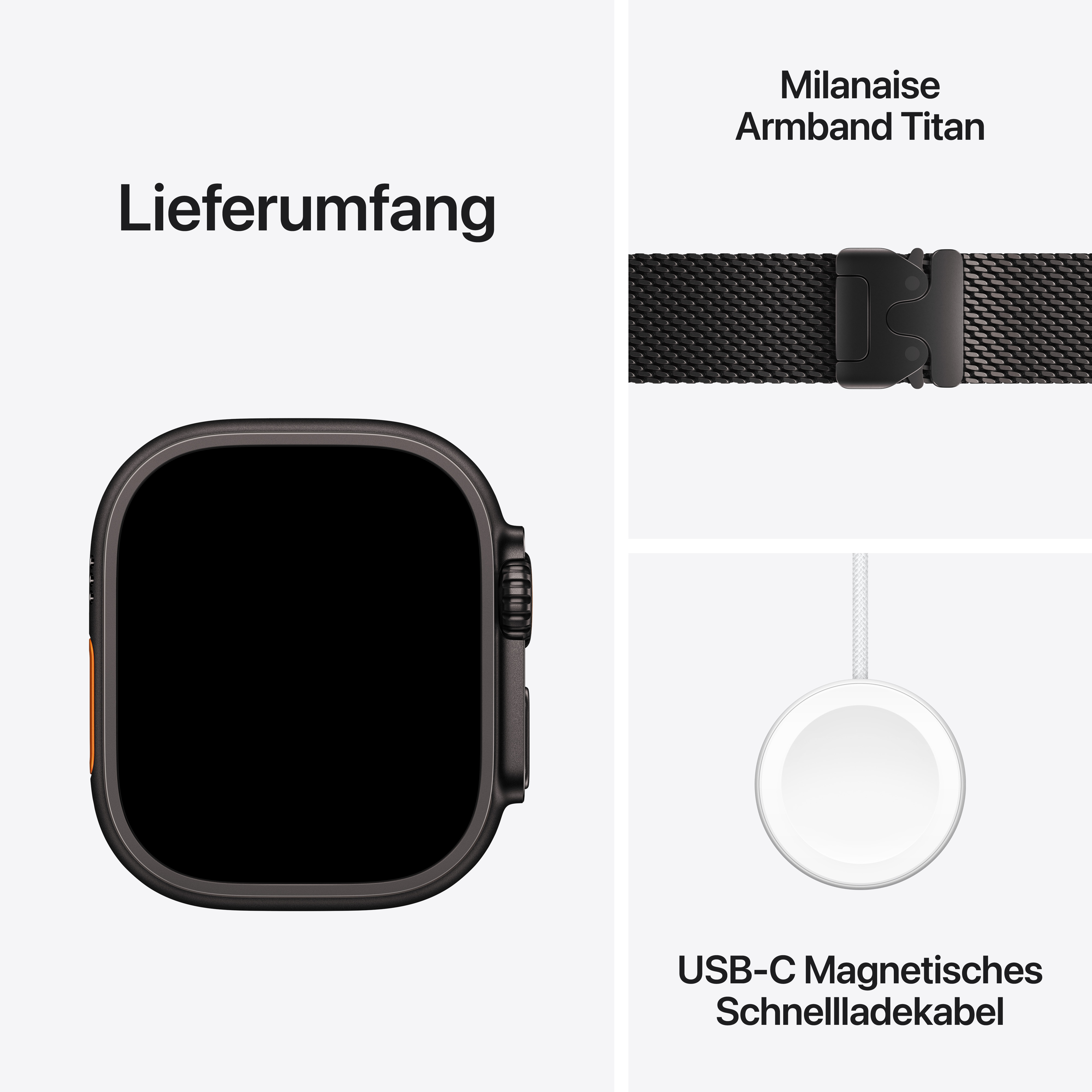 Apple Watch Ultra 3 GPS + Cellular 49mm Schwarz (Black) Titan Gehäuse mit Schwarz (Black) Titanium Milanaise Loop - Large