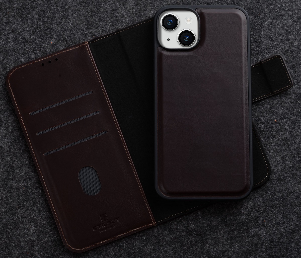 StilGut - iPhone 15 Flip Cover Talis 2-in-1 mit Kartenfach Braun