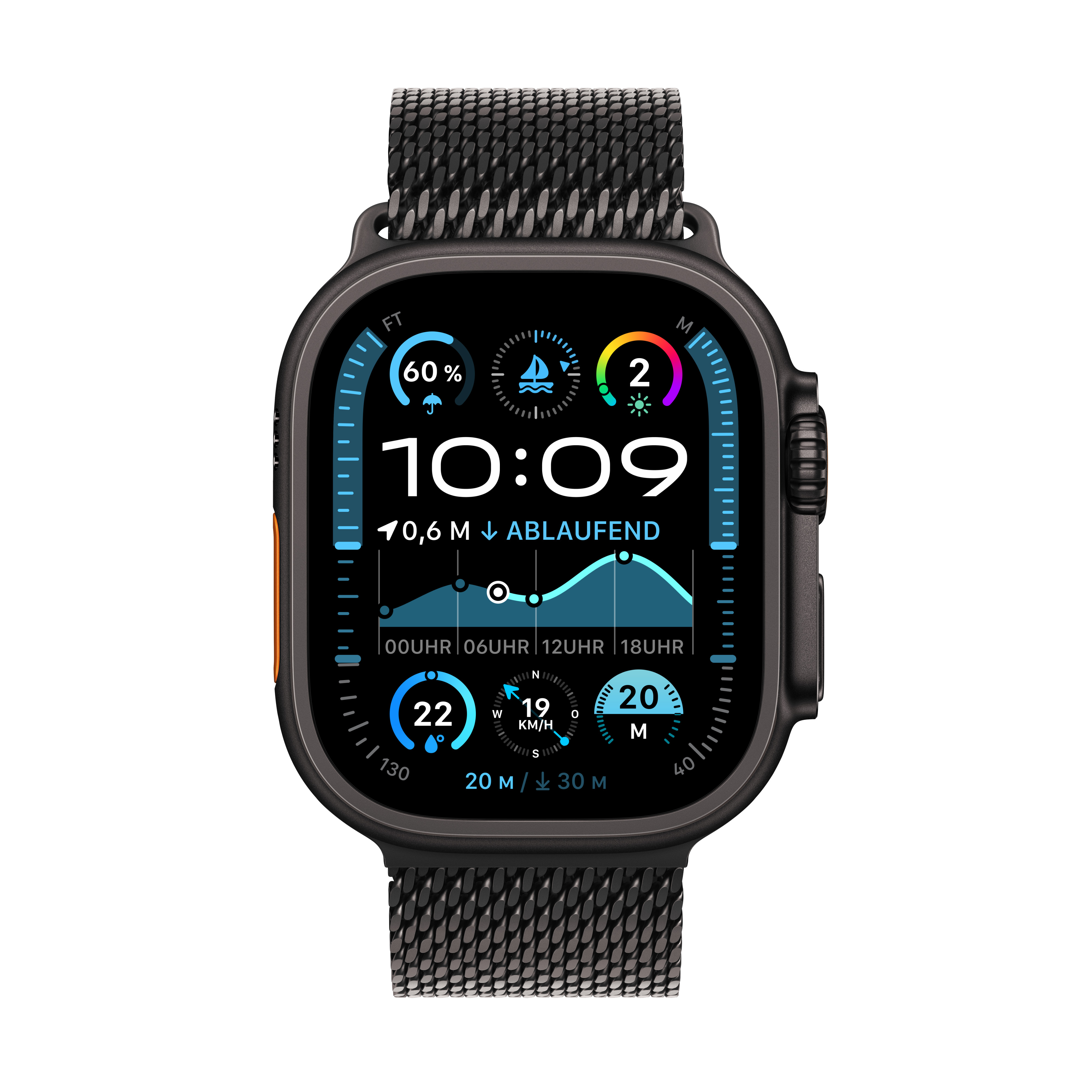 Apple Watch Ultra 2 GPS + Cellular 49mm Schwarz (Black) Titanium Gehäuse mit Schwarz (Black) Titanium Milanese Loop - M