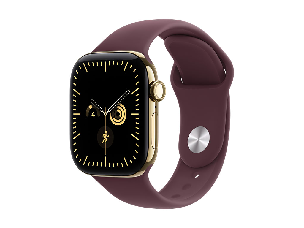Apple Watch Series 12 GPS + Cellular 42mm Titangehäuse Brillantgold, Sportarmband Burgunder - S/M