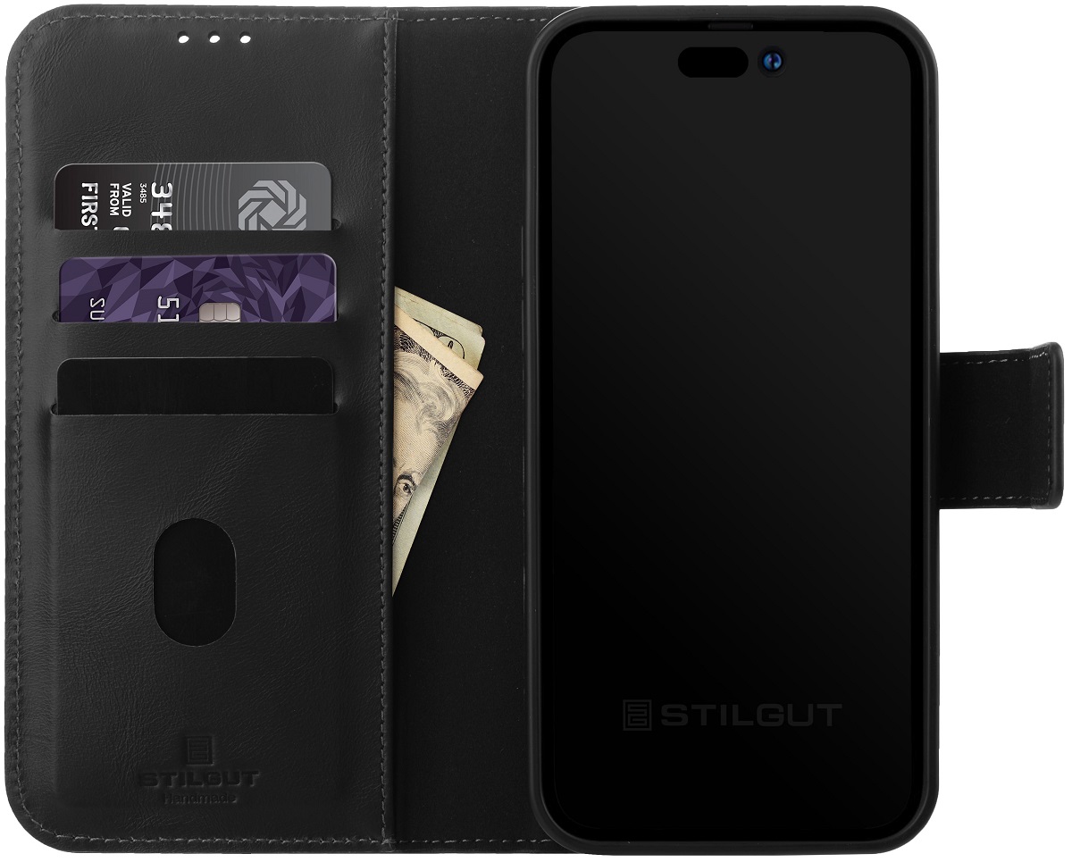 StilGut - iPhone 15 Plus Flip Cover Talis 2-in-1 mit Kartenfach Schwarz Nappa