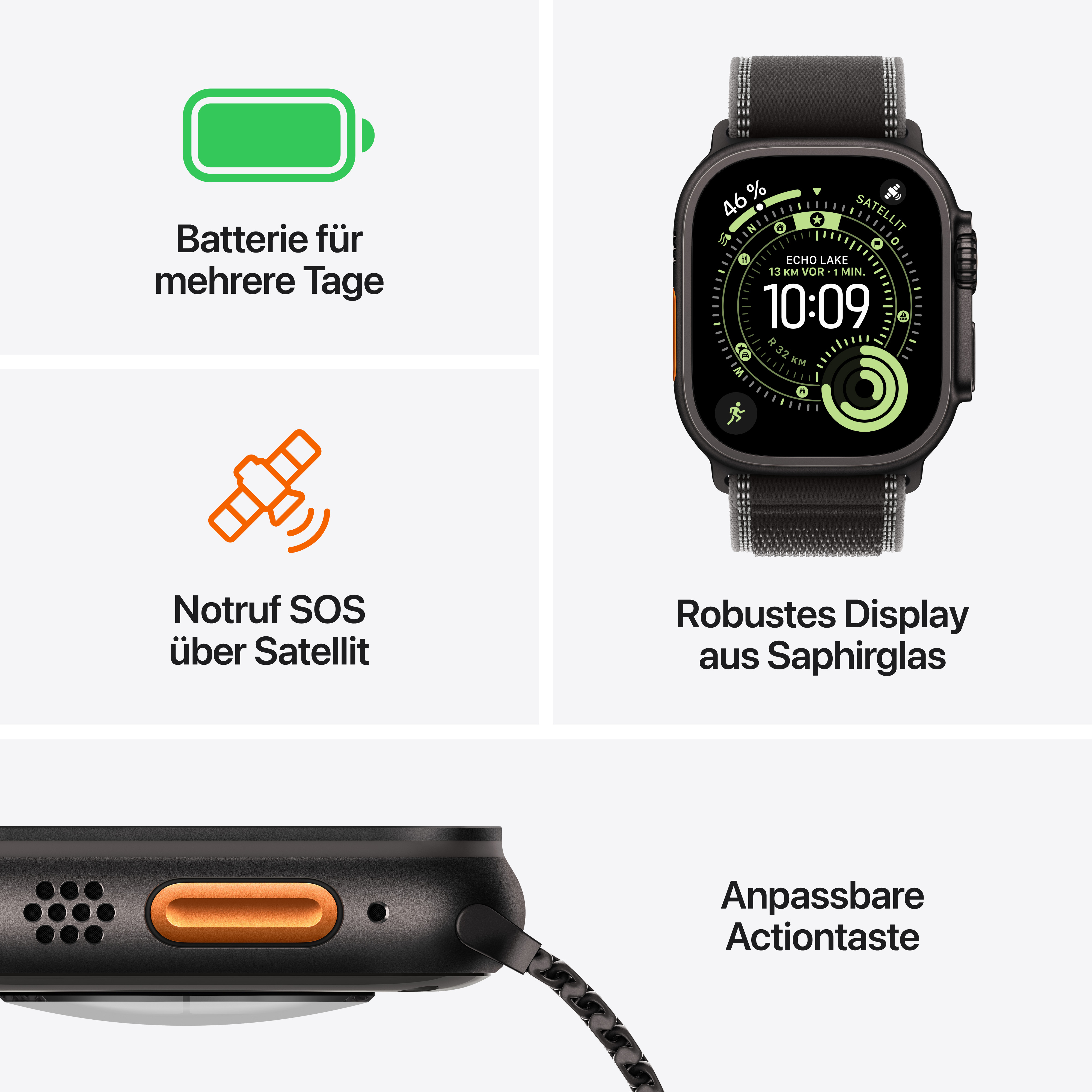 Apple Watch Ultra 3 GPS + Cellular 49mm Schwarz (Black) Titan Gehäuse mit Schwarz (Black) Alpine Loop - Small