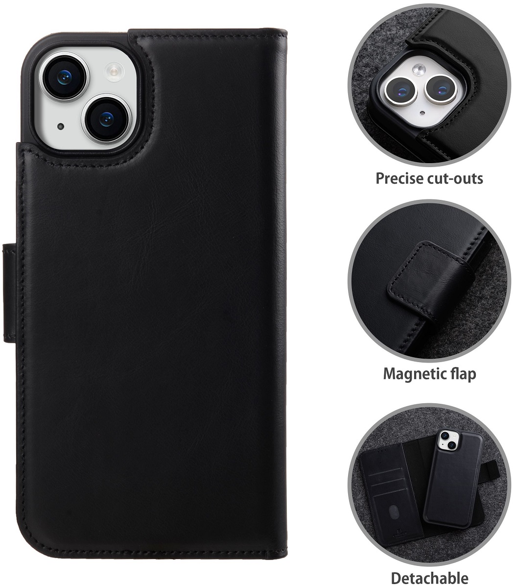 StilGut - iPhone 15 Flip Cover Talis 2-in-1 mit Kartenfach Schwarz Nappa