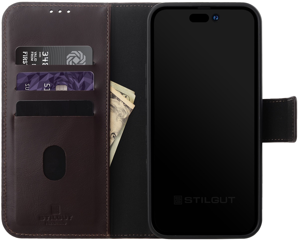 StilGut - iPhone 15 Pro Flip Cover Talis 2-in-1 mit Kartenfach Braun