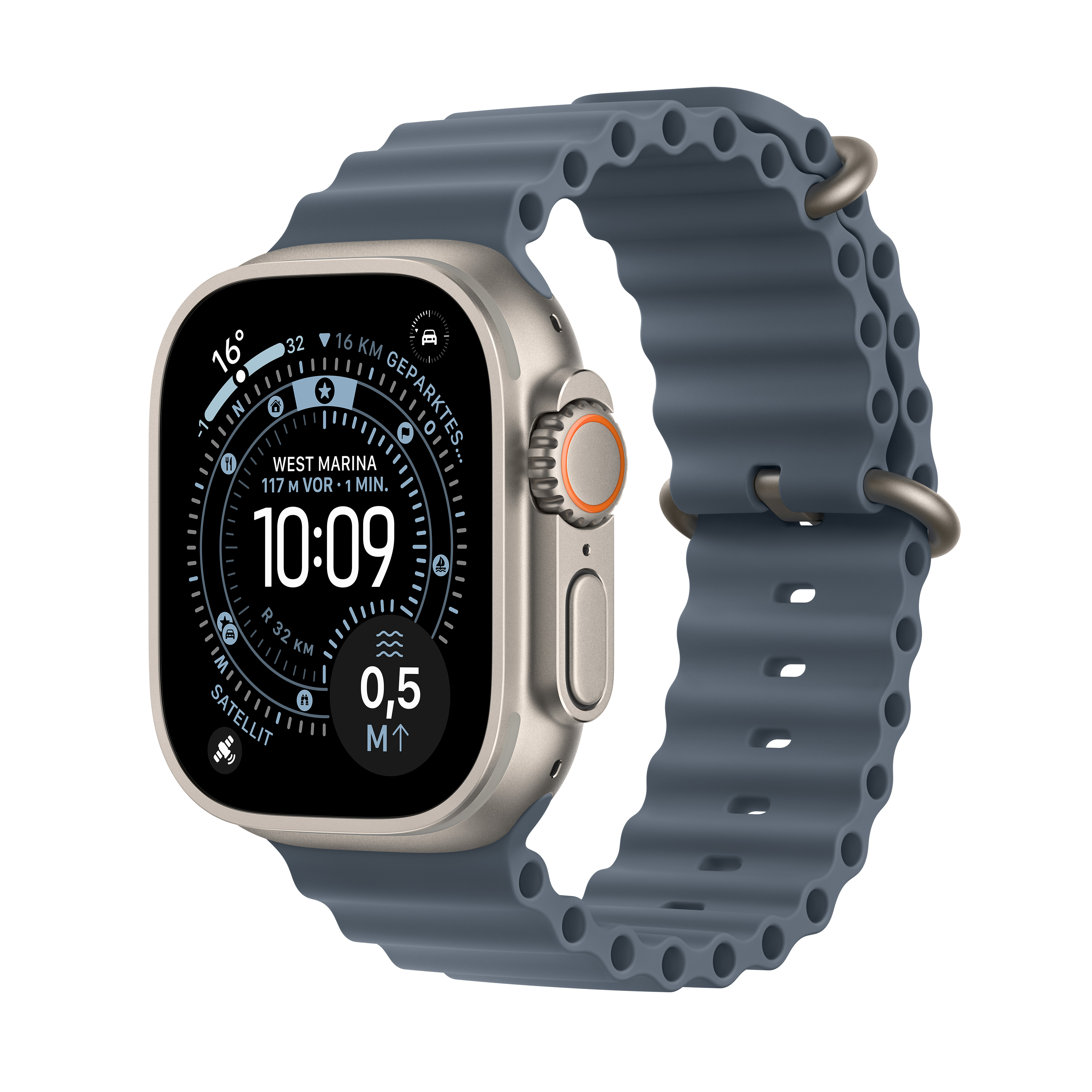 Apple Watch Ultra 3 GPS + Cellular 49mm Natur (Natural) Titan Gehäuse mit Maritimblau (Anchor Blue) Ocean Armband