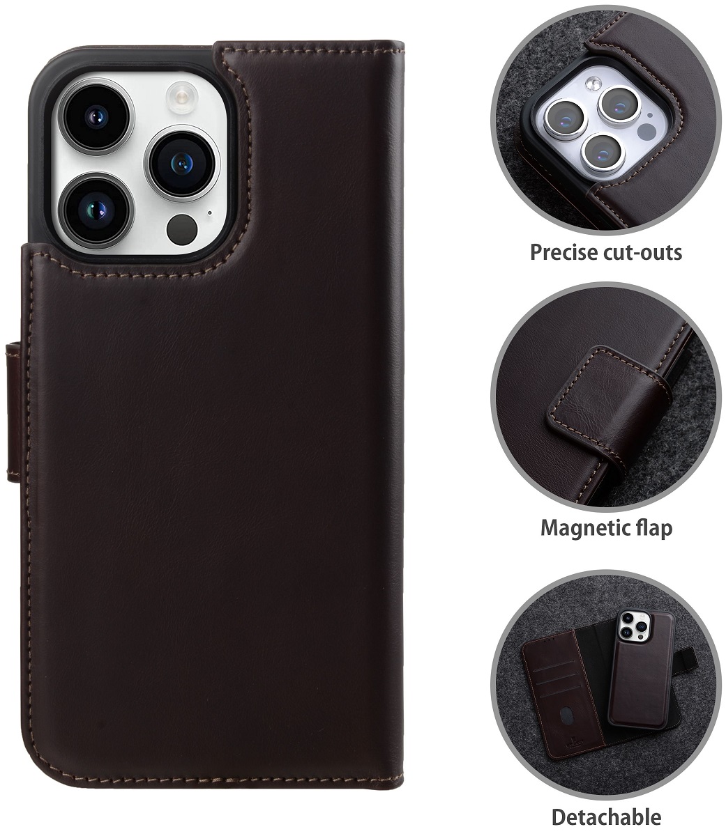 StilGut - iPhone 15 Pro Flip Cover Talis 2-in-1 mit Kartenfach Braun