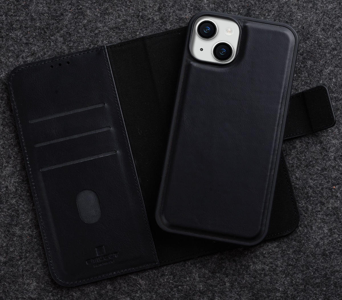 StilGut - iPhone 15 Flip Cover Talis 2-in-1 mit Kartenfach Schwarz Nappa