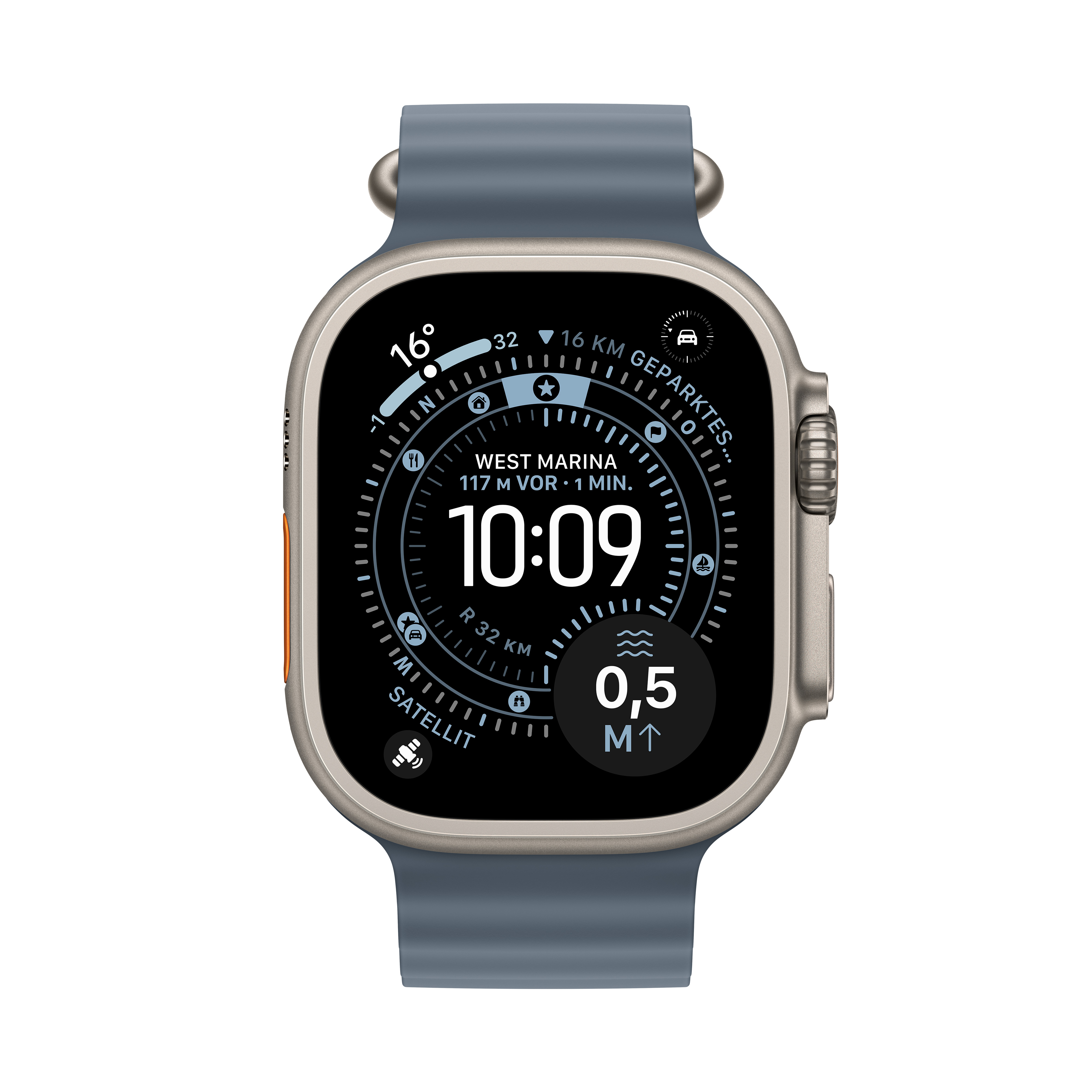 Apple Watch Ultra 3 GPS + Cellular 49mm Natur (Natural) Titan Gehäuse mit Maritimblau (Anchor Blue) Ocean Armband