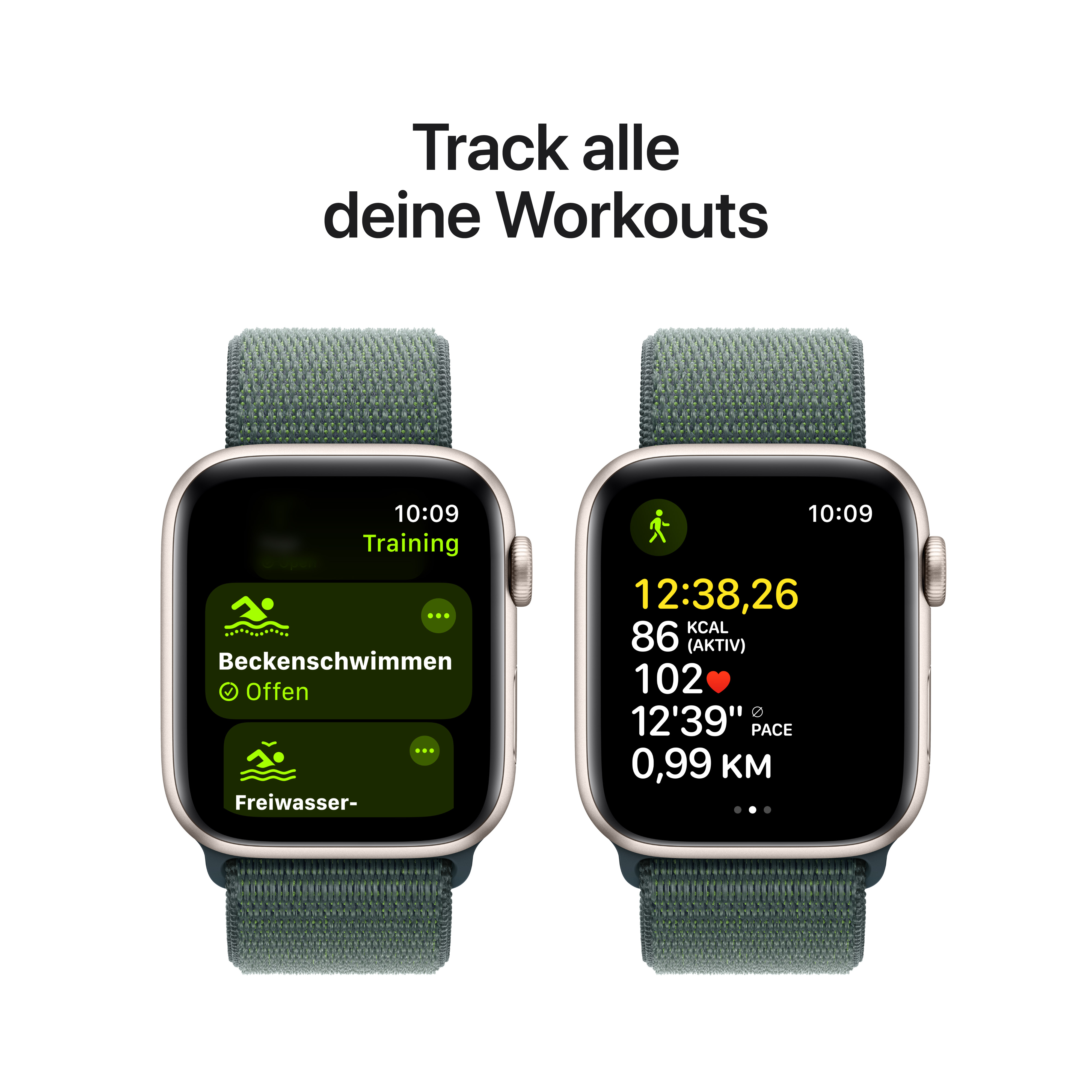 Apple Watch SE GPS + Cellular 44mm Polarstern (Starlight) Aluminium Gehäuse mit Seegrün (Lake Green) Sport Loop