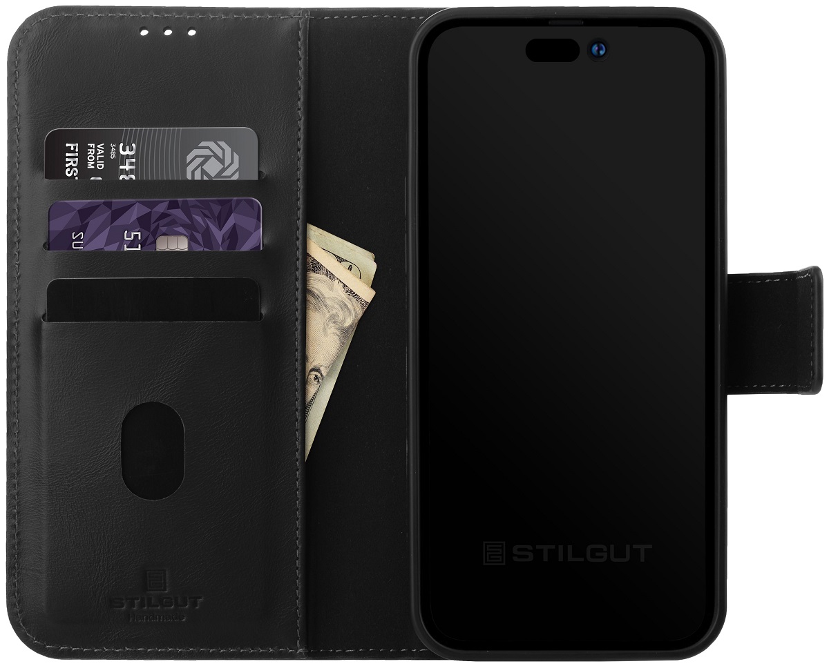 StilGut - iPhone 15 Pro Max Flip Cover Talis 2-in-1 mit Kartenfach Schwarz Nappa