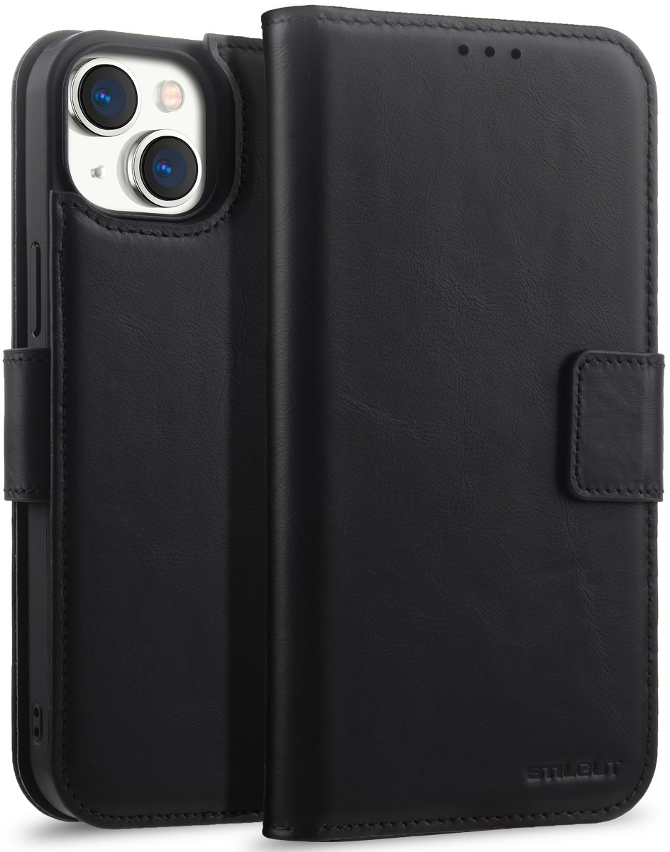 StilGut - iPhone 15 Plus Flip Cover Talis 2-in-1 mit Kartenfach Schwarz Nappa
