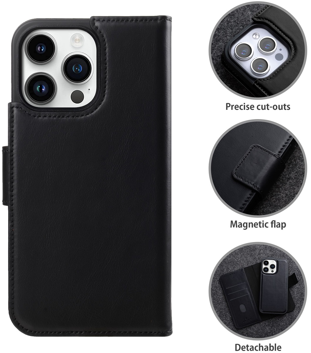 StilGut - iPhone 15 Pro Max Flip Cover Talis 2-in-1 mit Kartenfach Schwarz Nappa